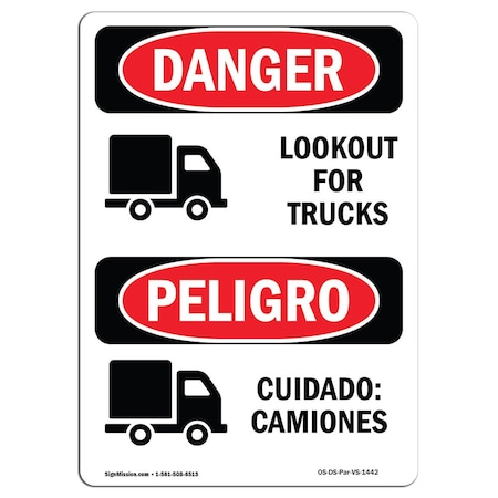 OSHA Danger Sign, Look Out For Trucks Bilingual, 5in X 3.5in Decal